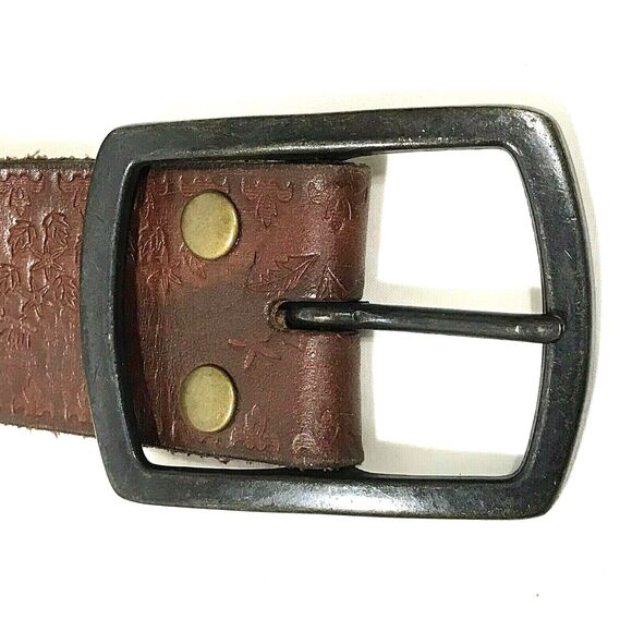 Brutalist Belt Woven Leather 32 - 36 Brown Tooled Flower Butterfly Boho Hippie